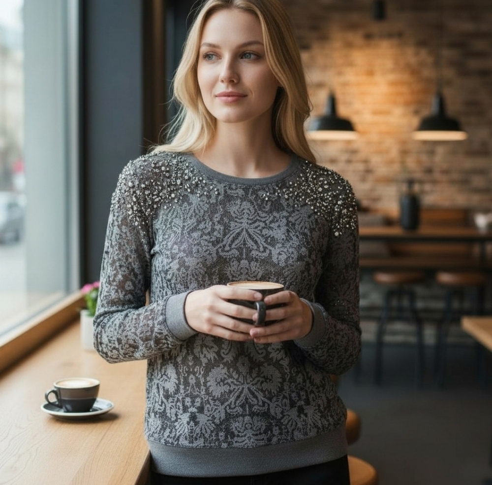 NY Collection Black & Gray Patterned Long Sleeve Top Small Shoulder Detail